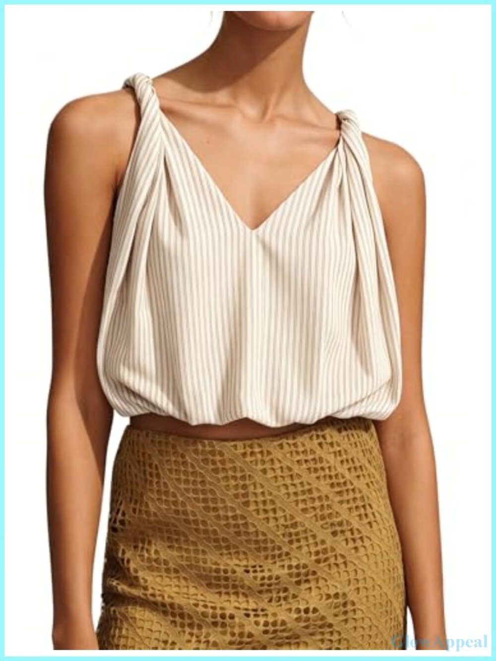 Women's Striped Bubble Hem V-Neck Twist Strap Sleeveless Crop Tank Top